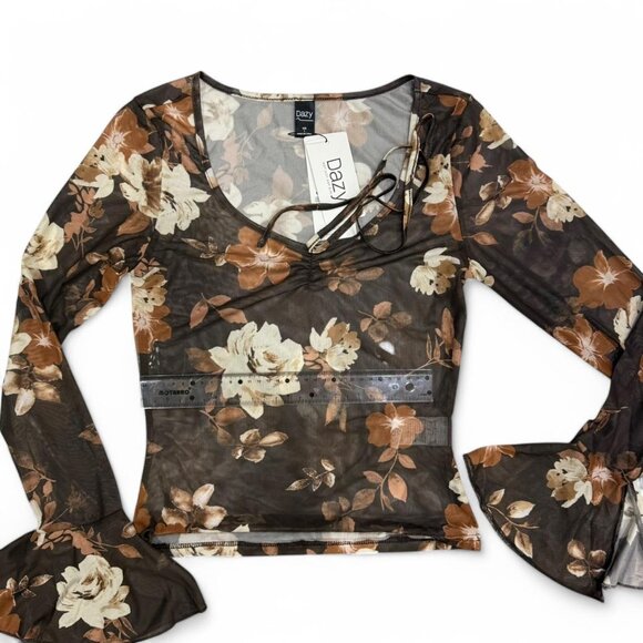 Brown And Cream Floral Print mesh top with tie detail & lantern sleeves size L - Picture 1 of 5